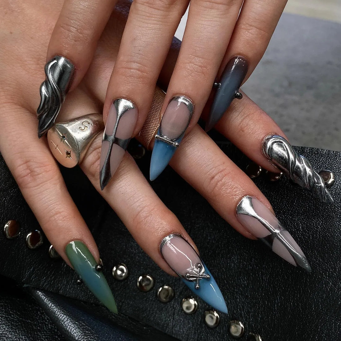Gothic Blade | Handmade 3D Silver Chrome Sword Pierced Press-On Nails