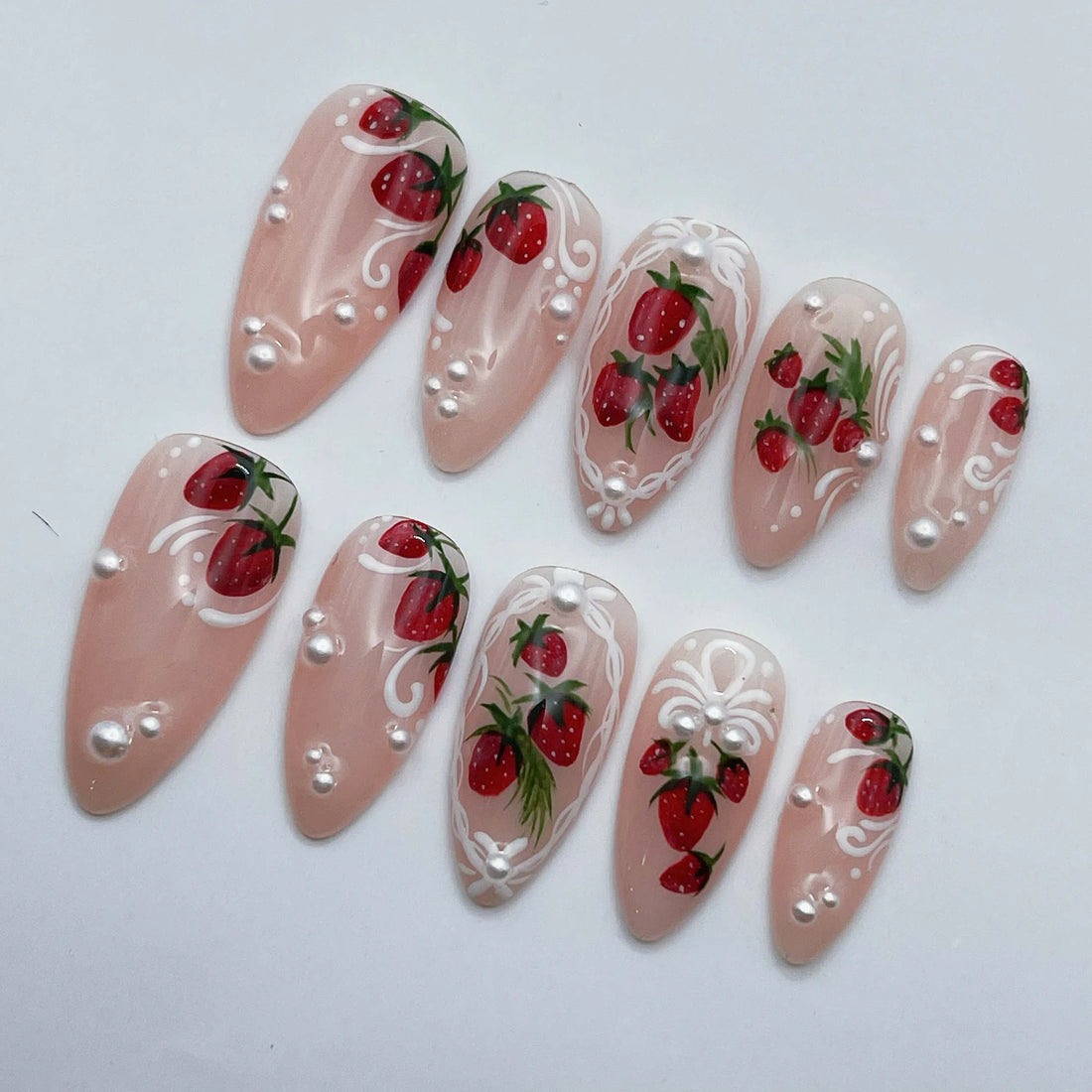 Berry Pearl | Handmade Hand-Painted Strawberry Coquette Pearl Press-On Nails