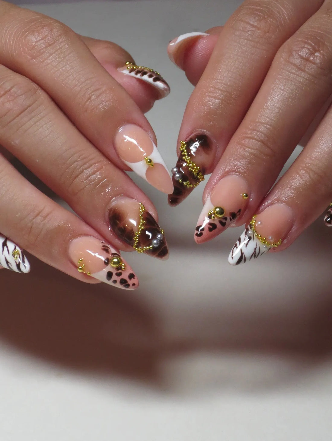 Tortoise Safari | Handmade Animal Print Tortoiseshell Gold Caviar Bead Press-On Nails
