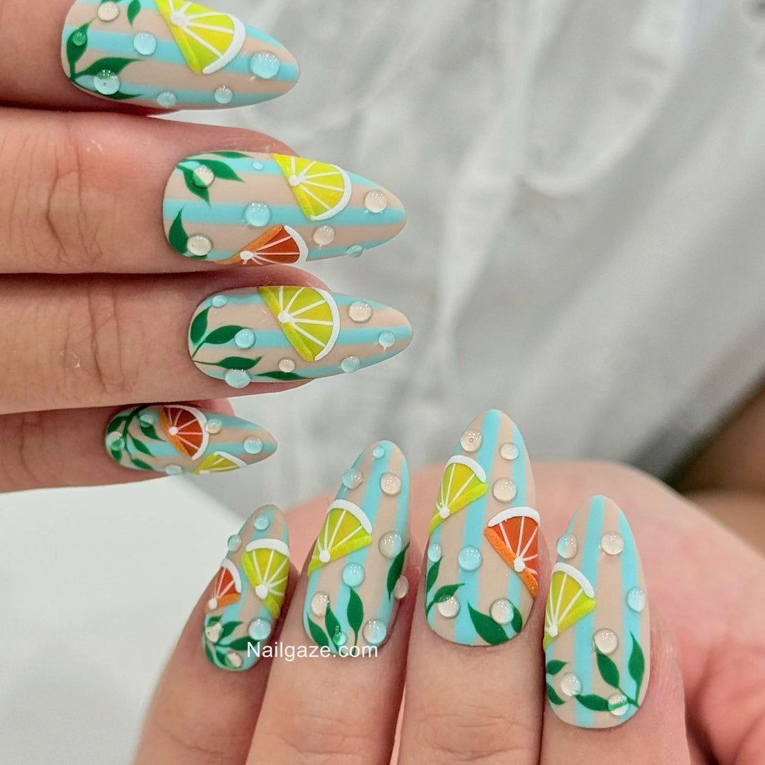 Citrus Breeze | Handmade 3D Lemon Orange Matte Striped Press-On Nails