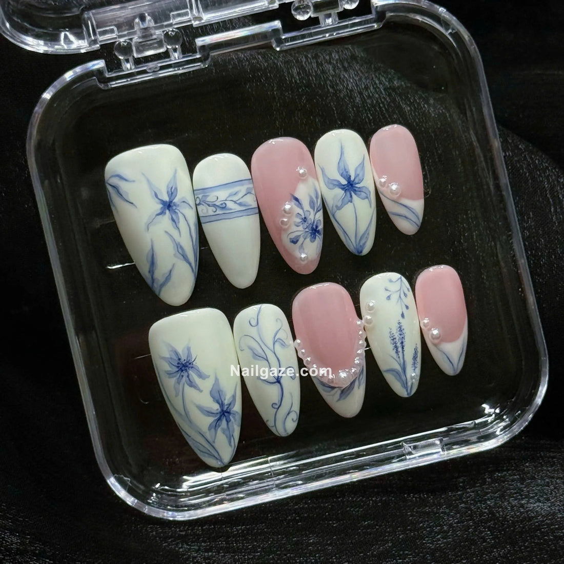 Royal Porcelain | Handmade Watercolor Blue Floral Coquette Pearl Press-On Nails