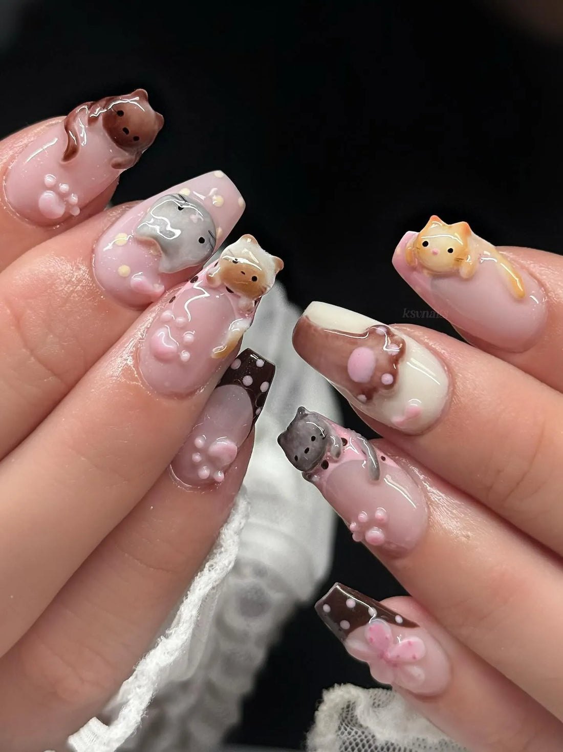 Pink Paws | Handmade 3D Cat Pink Paw Print Kawaii Coffin Press-On Nails