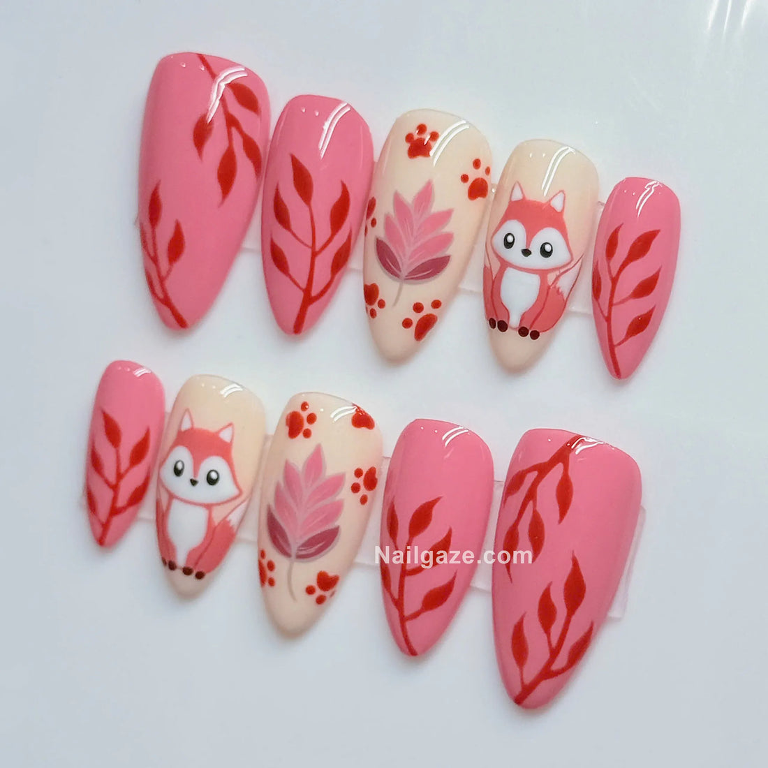 Autumn Fox | Handmade Kawaii Pink Woodland Fox Fall Reusable Press-On Nails