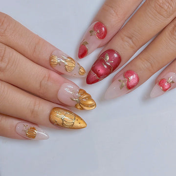 Autumn Glow | Handmade Cat Eye Gold Pumpkin Apple Fall Press-On Nails