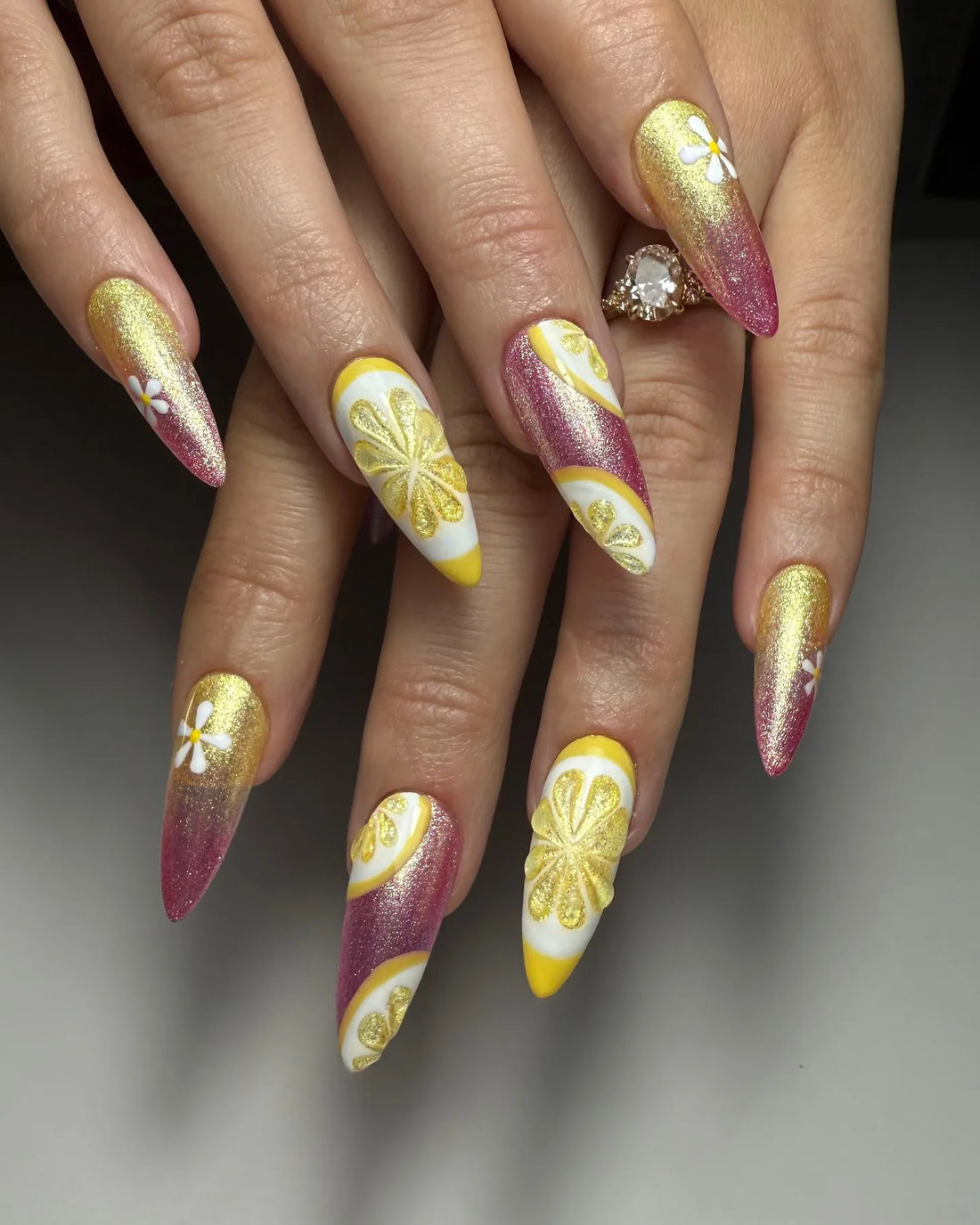 Citrus Glam | Handmade Pink Gold Cat Eye Lemon Daisies Press-On Nails