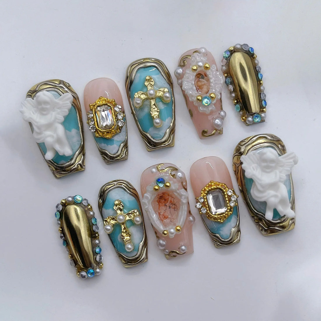 Baroque Angel | Handmade Renaissance Gold Cross Luxury Art Press-On Nails