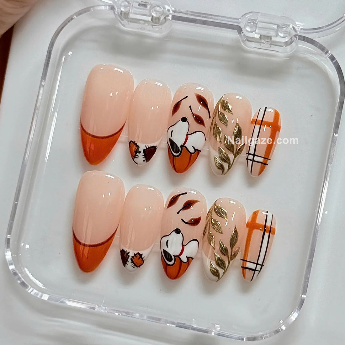 Cozy Canine | Handmade Autumn Plaid Pumpkin Cartoon Dog Reusable Press-On Nails