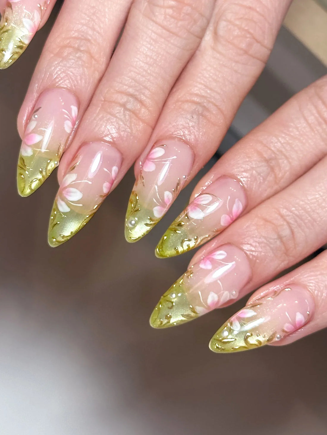 Forest Blossom | Handmade Green Cat Eye Cherry Blossom Press-On Nails