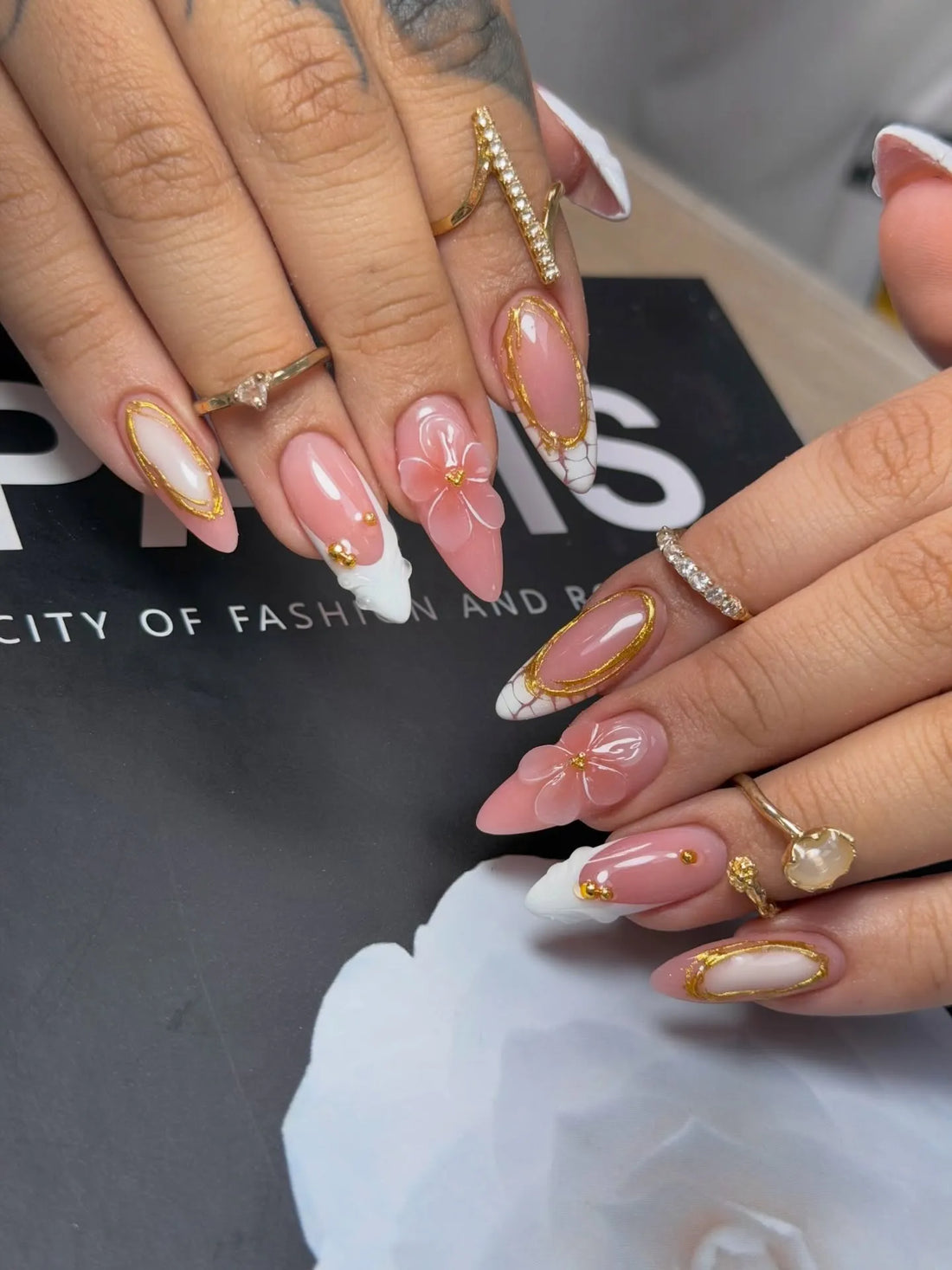 Royal Pearl | Handmade 3D White Flower Gold Frame French Press-On Nails