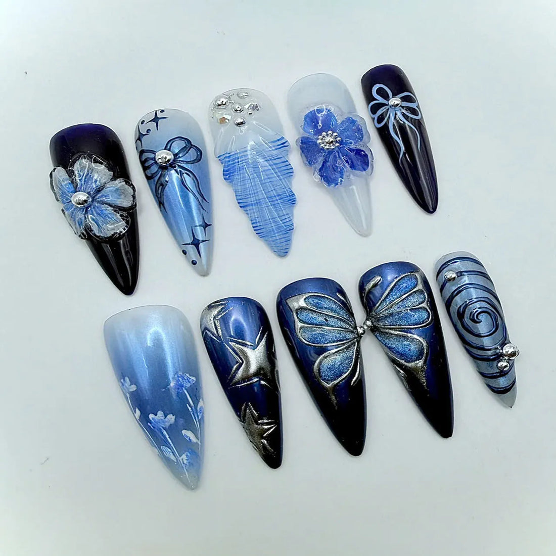 Sapphire Butterfly | Handmade 3D Blue Chrome Silver Star Floral Press-On Nails
