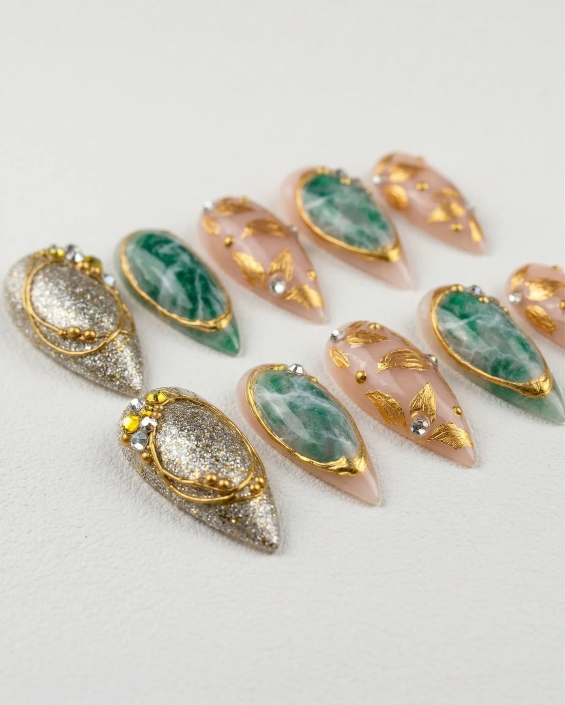 Jade Luxury | Handmade Emerald Marble 3D Gold Leaf Press-On Nails