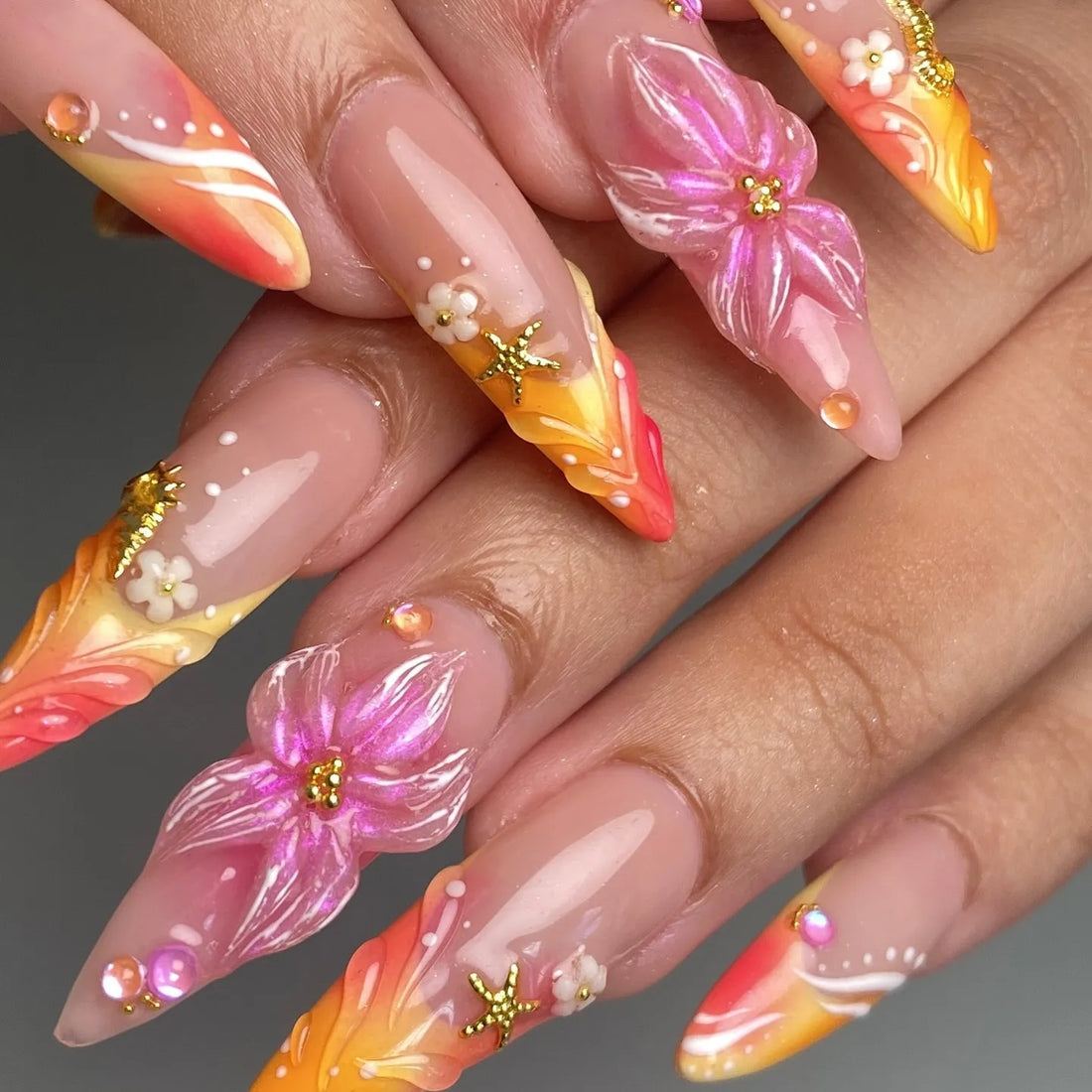 Sunset Siren | Handmade 3D Tropical Flower Beach Sunset Mermaid Press-On Nails