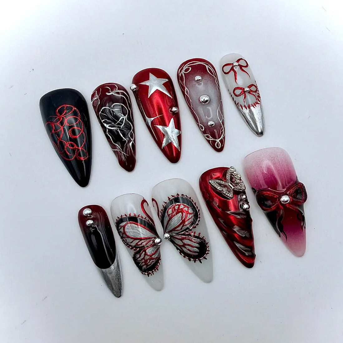Blush Heart | Handmade Pink Aura Heart Y2K Red Star Swirl Press-On Nails