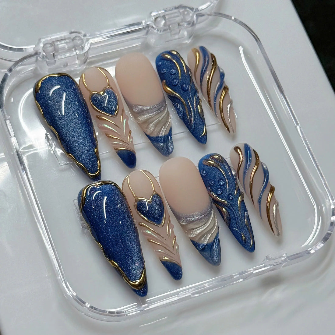 Astral Swirl | Handmade 3D Blue Gold Chrome Cat Eye Textured Heart Press-On Nails