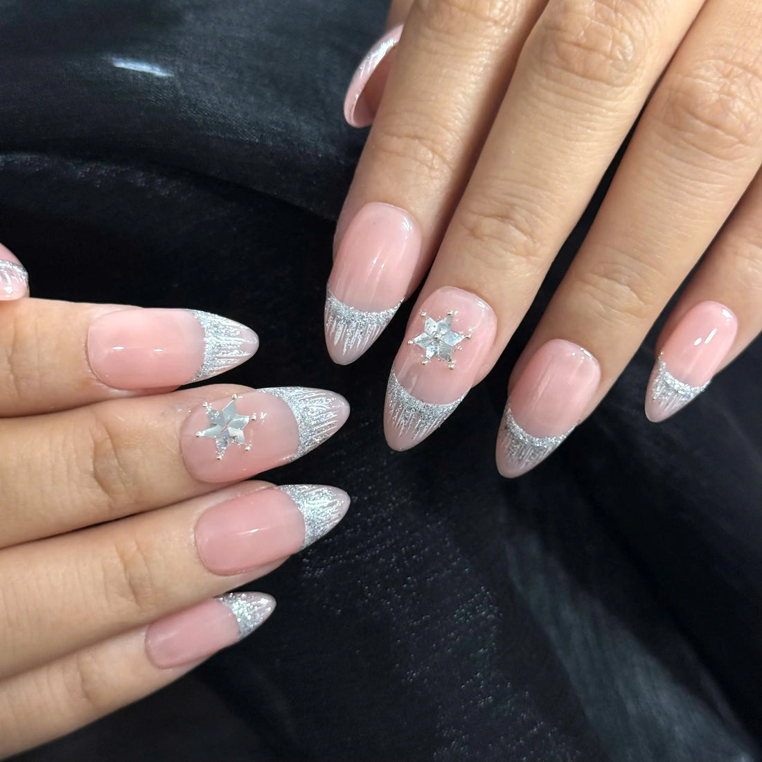Winter Starlight | Handmade Silver Glitter French Tip Sparkling Star Press-On Nails