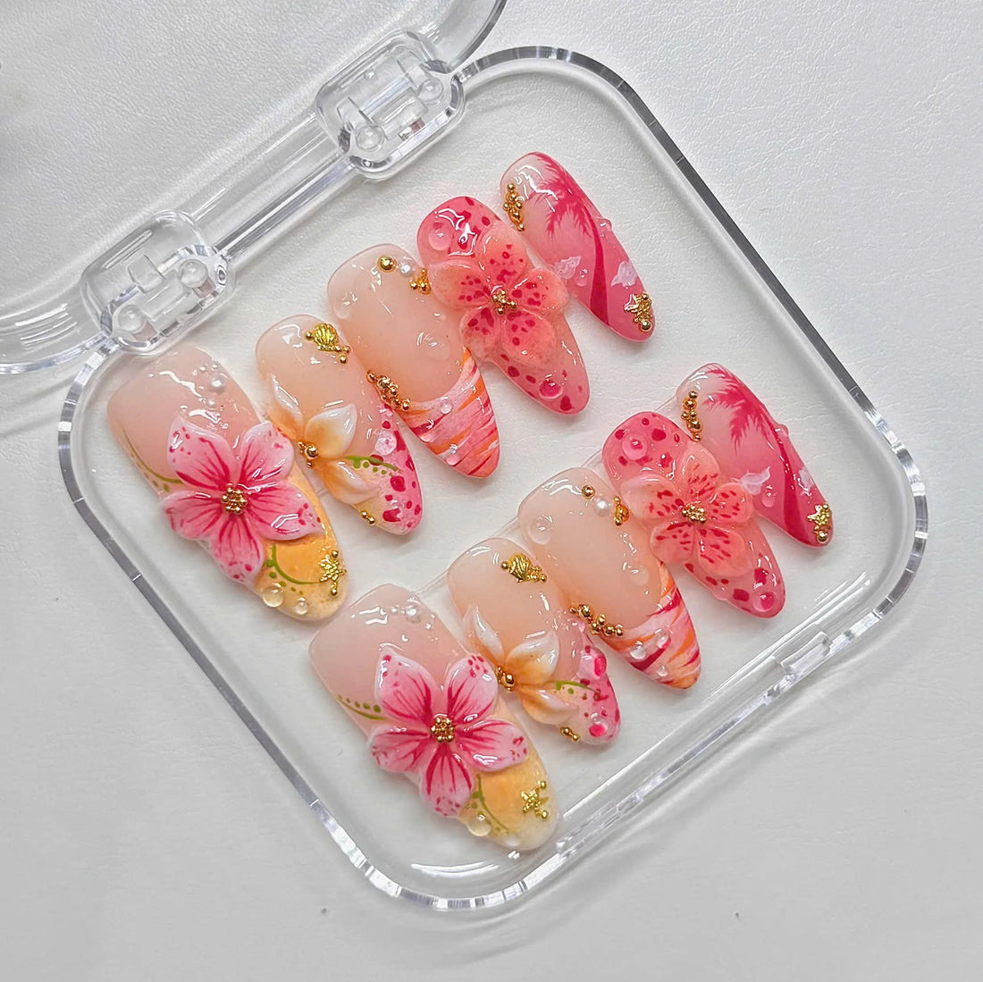 Spring Hibiscus | Handmade 3D Pink Flower Hibiscus Beach Summer Press-On Nails