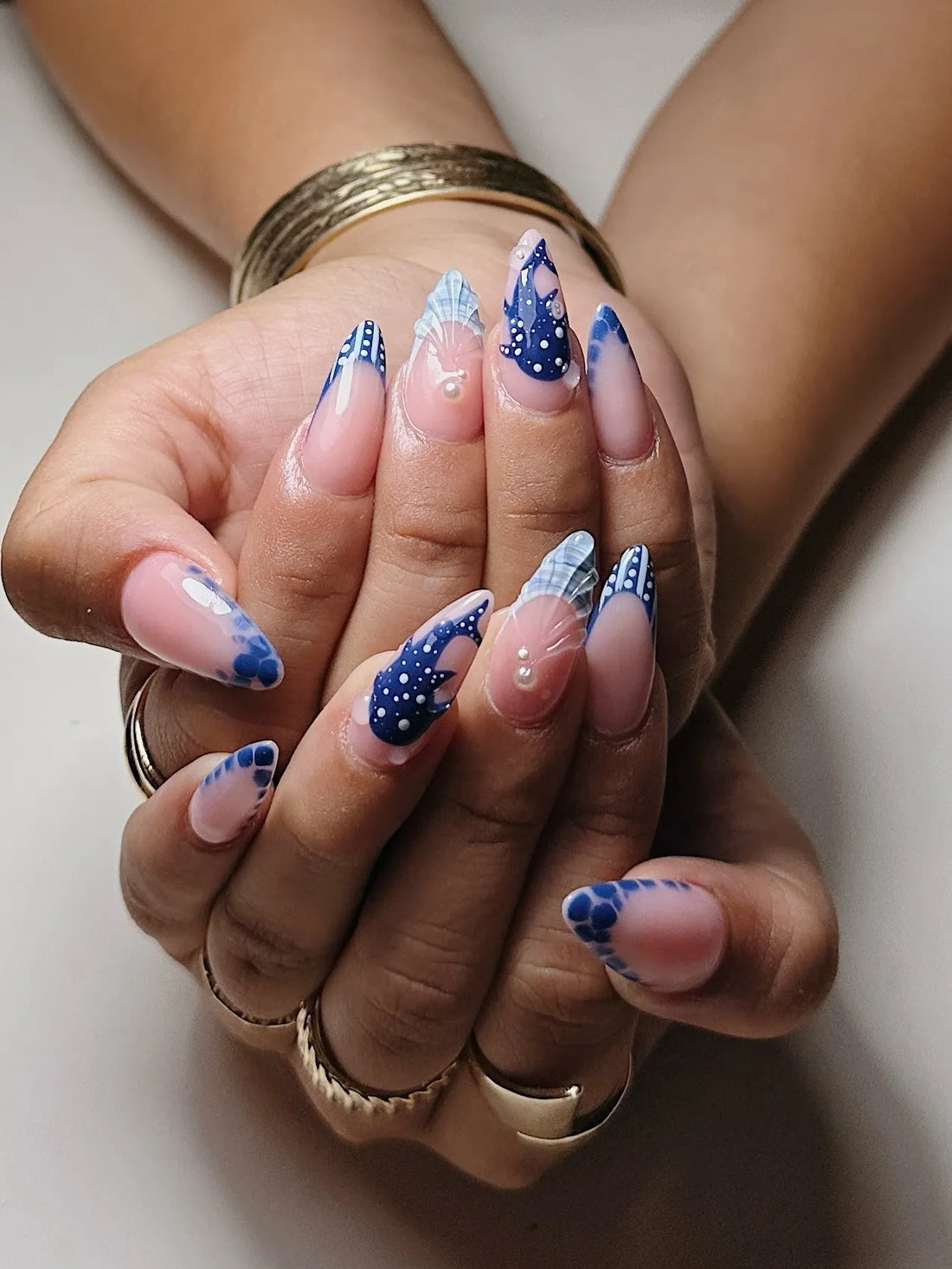 Ocean Breeze | Handmade 3D Seashell Blue Whale Shark Press-On Nails