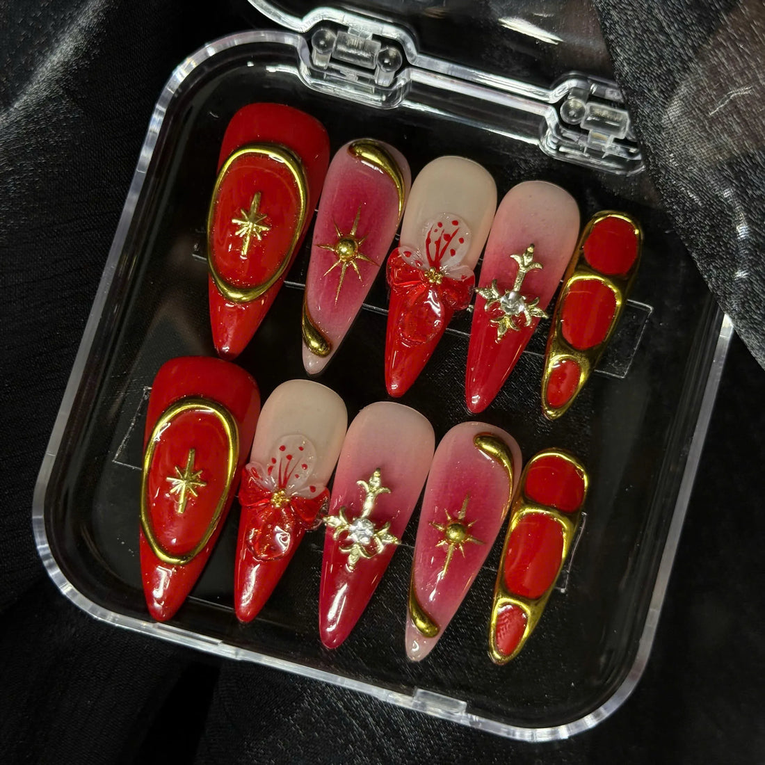 Baroque Vampire | Handmade Gothic Red 3D Gold Chrome Celestial Press-On Nails