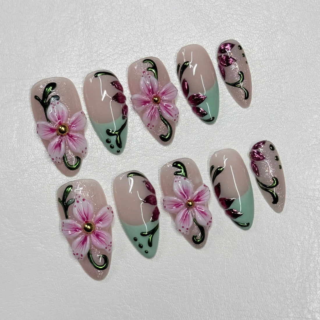 Soft Peony | Handmade Pink Floral French Tip Spring Press-On Nails