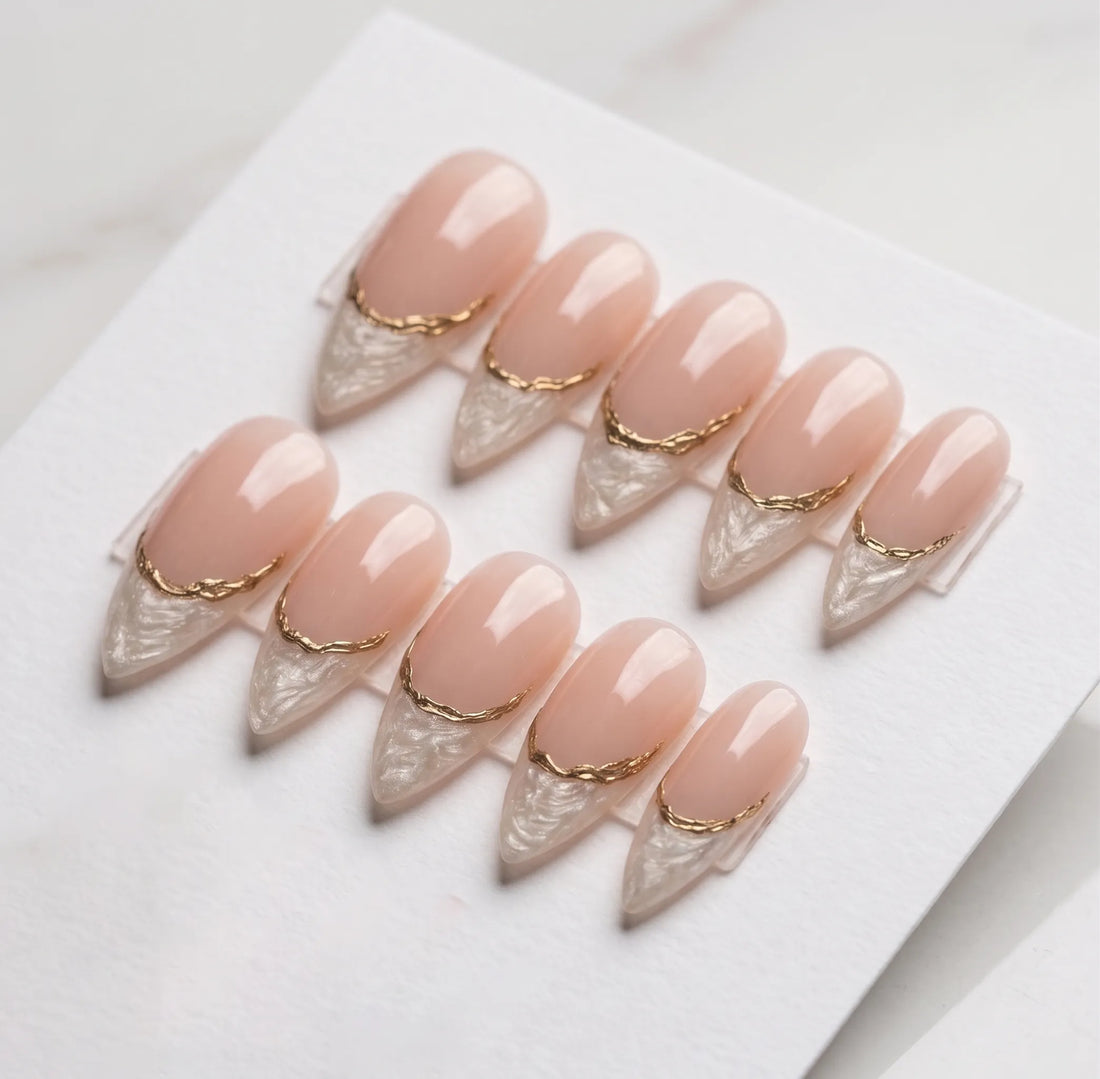 Royal Chrome | Handmade Pearl White French Gold Chrome Press-On Nails