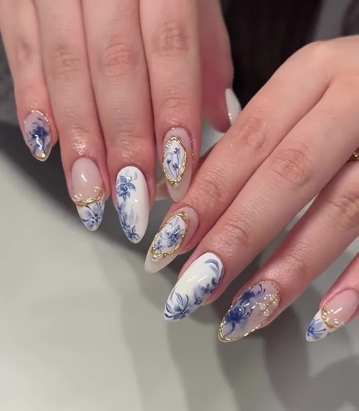 Porcelain Gold | Handmade Blue Porcelain Floral Gold Chrome Pearl Press-On Nails