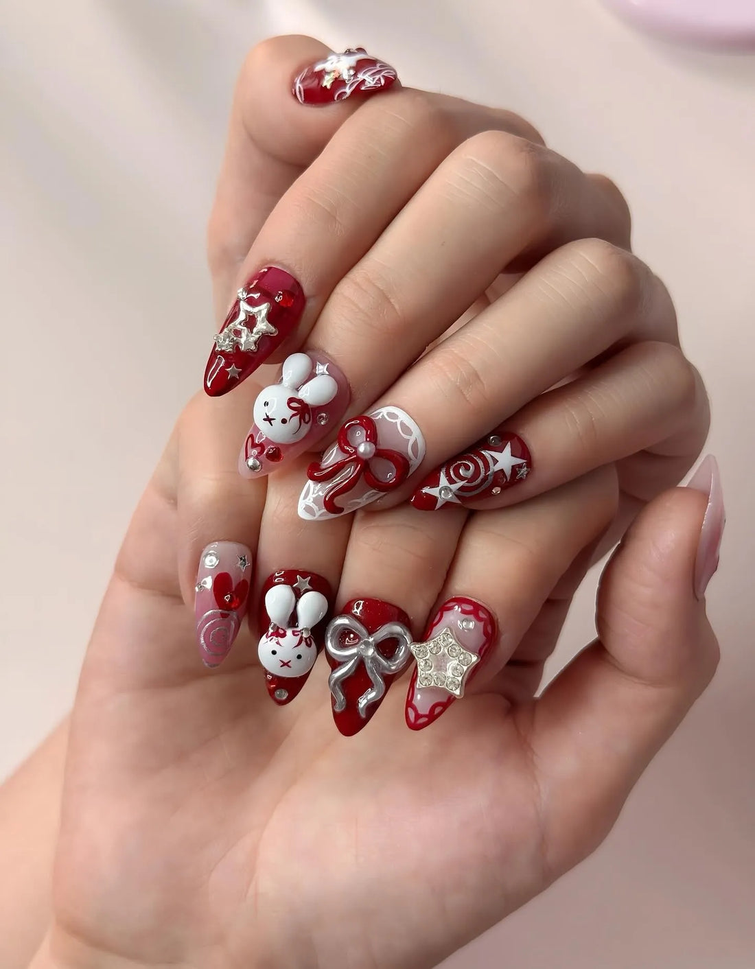 Velvet Bunny | Handmade Red Y2K 3D Bunny Silver Bow Press-On Nails