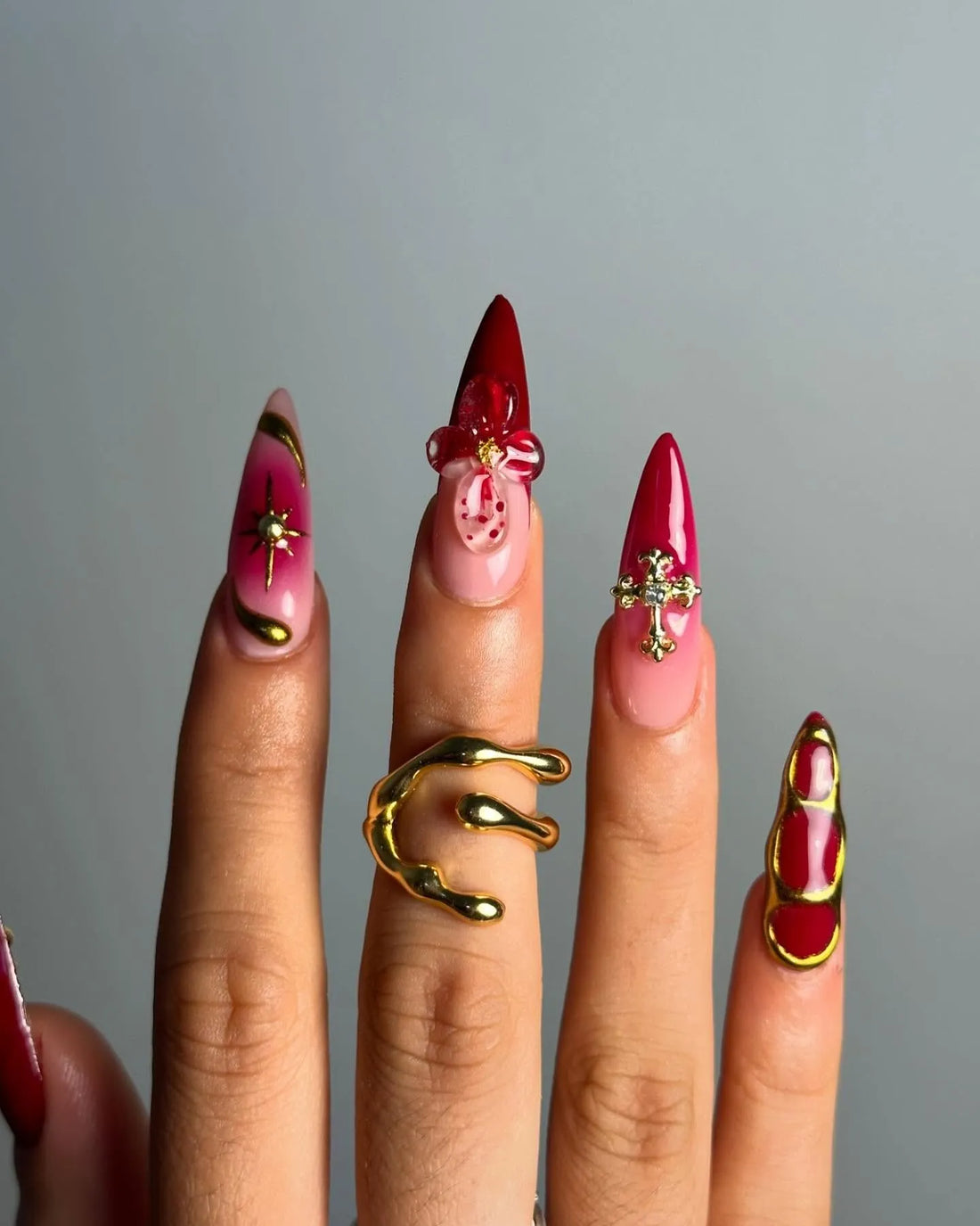 Vampiric Rose | Handmade Red Aura 3D Gold Cross Gothic Press-On Nails