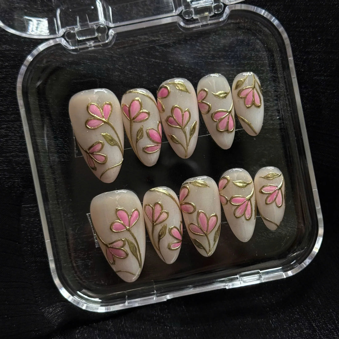 Golden Bloom | Handmade Pink Floral 3D Gold Spring Press-On Nails