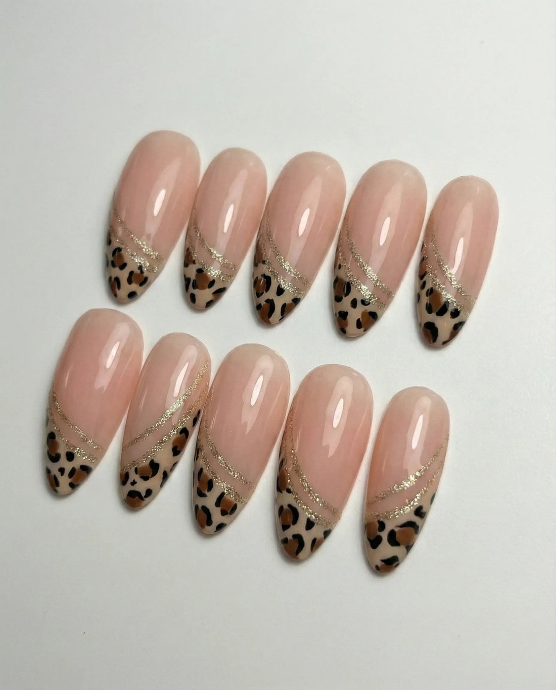 Rose Leopard | Handmade Leopard Print French Rose Gold Glitter Swirl Press-On Nails