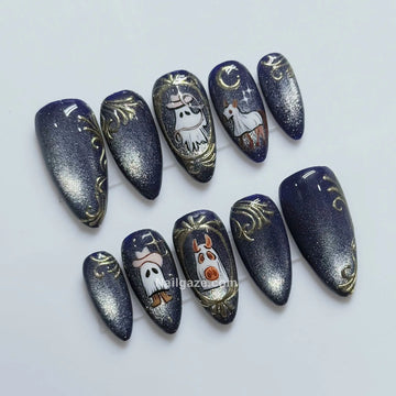 Cosmic Cowboy | Handmade Navy Blue Cat Eye Ghost Vintage Press-On Nails