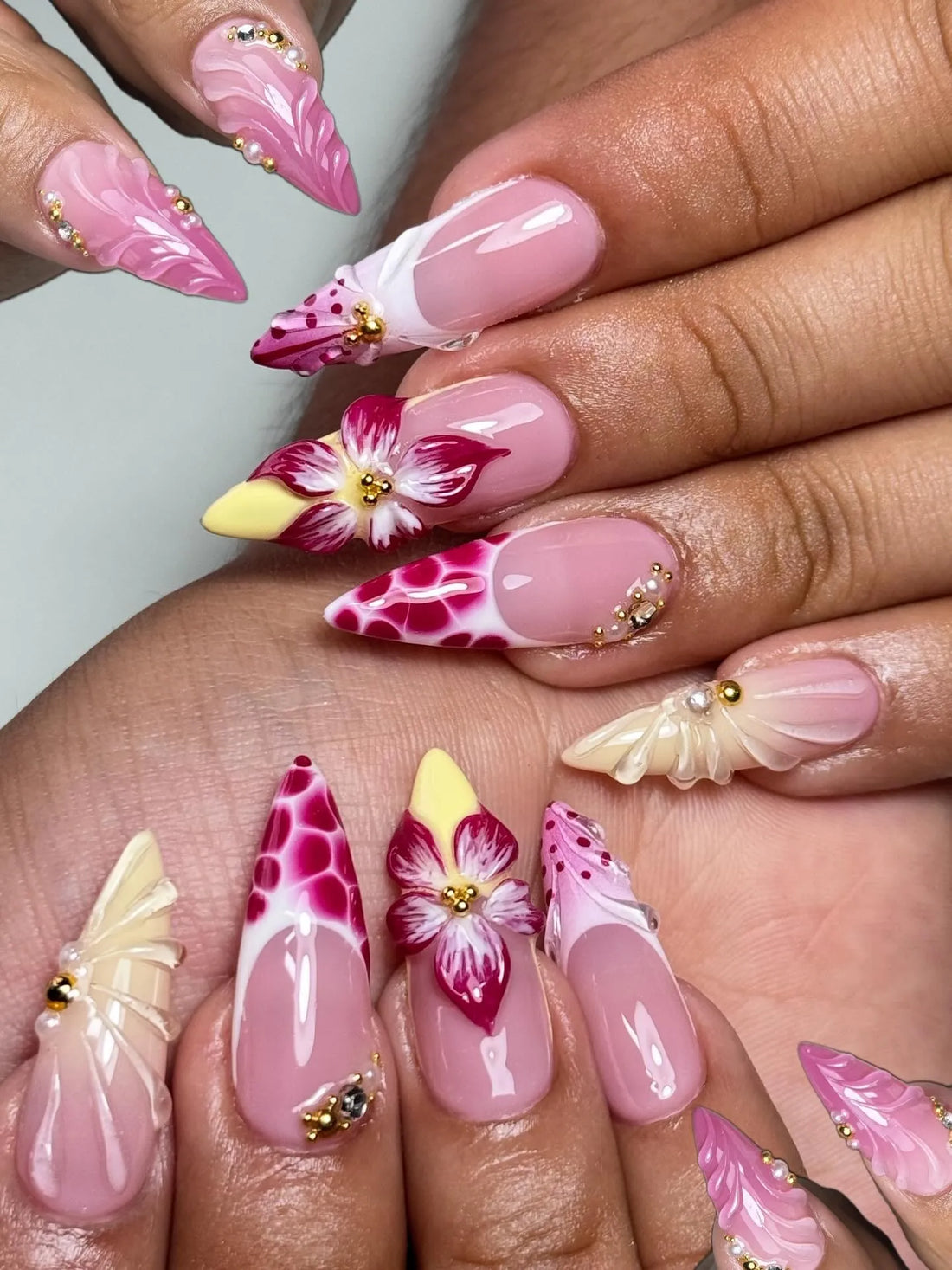 Tropical Chic | Handmade Pink Croc French 3D Floral Press-On Nails