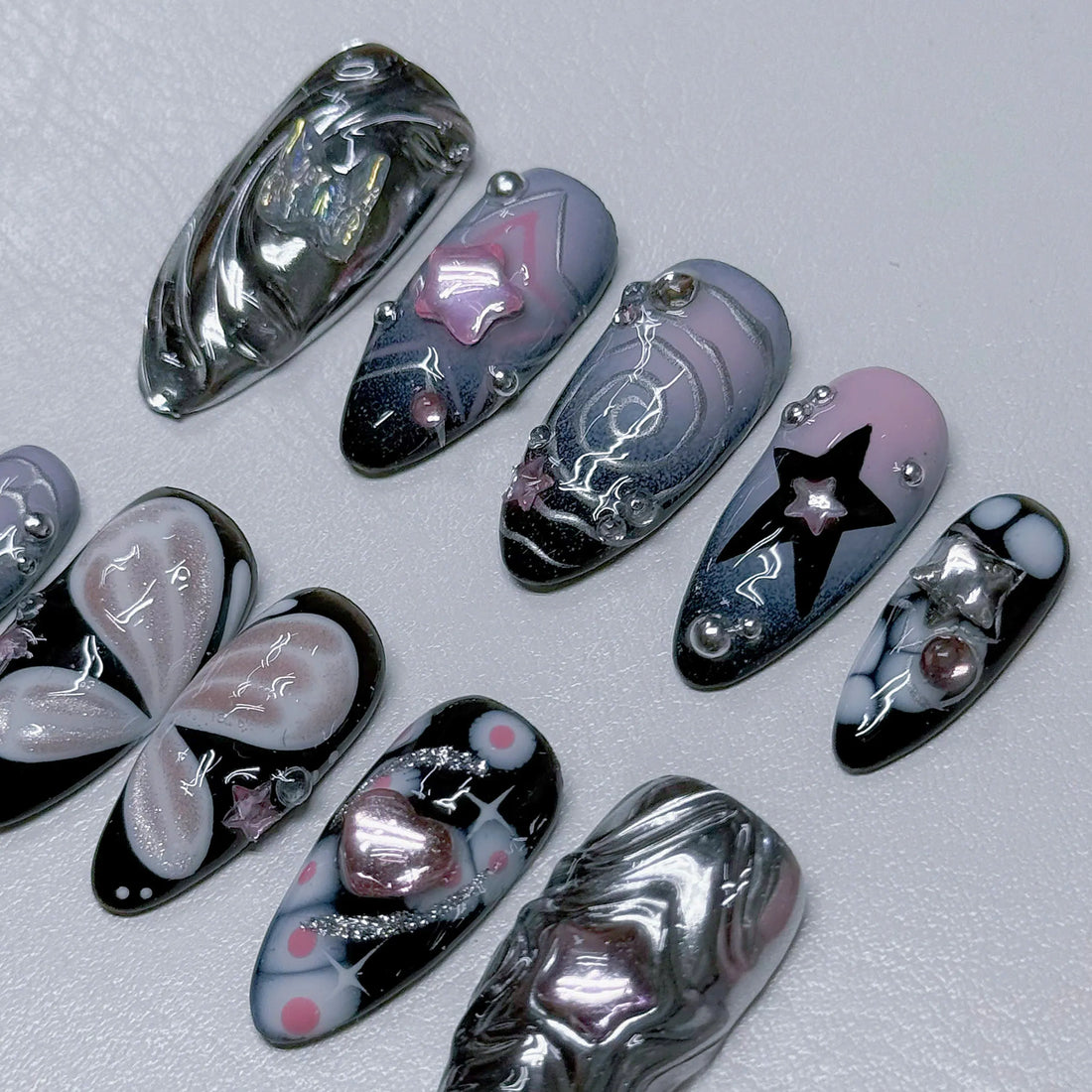 Cyber Fairy | Handmade Silver Chrome Y2K Butterfly Press-On Nails