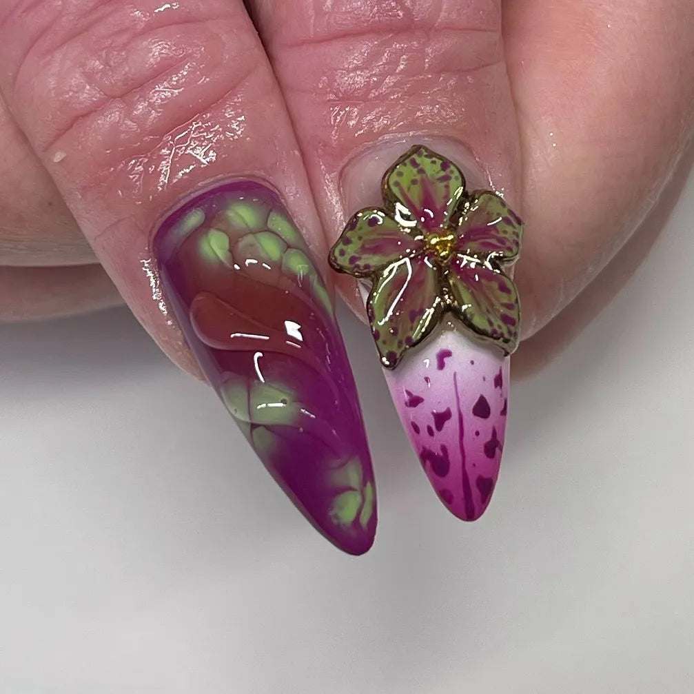 Jungle Bloom | Handmade 3D Frog Green Purple Floral Press-On Nails