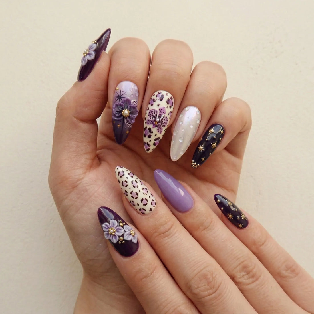 Plum Celestial | Handmade Purple Leopard 3D Orchid Press-On Nails