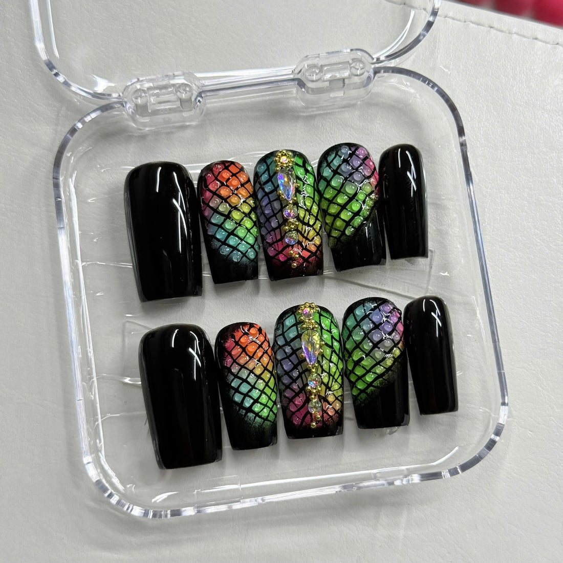 Cyber Viper | Handmade Neon Rainbow Fishnet 3D Snake Press-On Nails