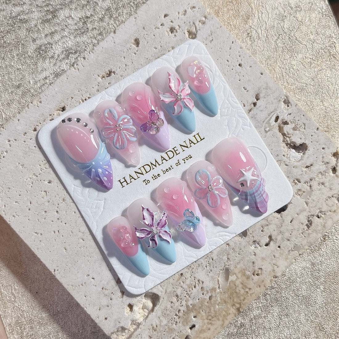 Fairy Lagoon | Handmade Pastel Pink Blue Butterfly Floral Mermaid Press-On Nails