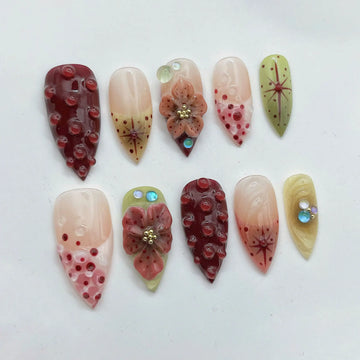 3D Orchid | Handmade Beautiful Red Green Floral Press-On Nails