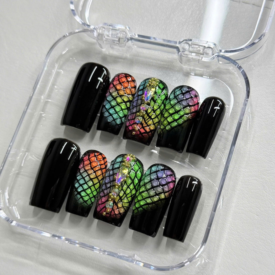 Cyber Viper | Handmade Neon Rainbow Fishnet 3D Snake Press-On Nails