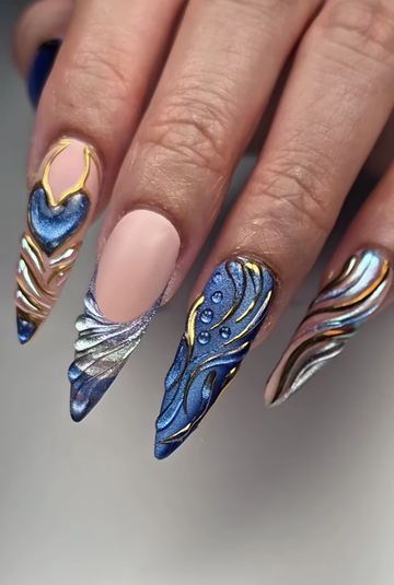 Cyber Chrome | Handmade 3D Abstract Blue Silver Metallic Gel Press-On Nails