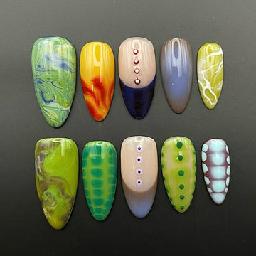 Cyber Lizard | Handmade Funky Green Reptile Abstract Weirdcore Press-On Nails