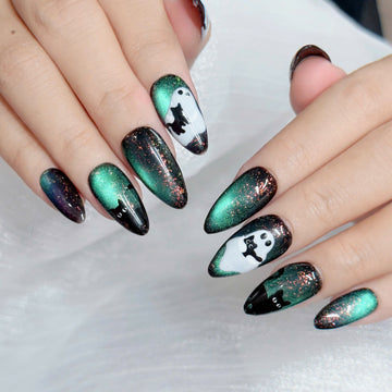 Mystic Midnight | Handmade Spooky Ghost Black Cat Green Cat Eye Press-On Nails
