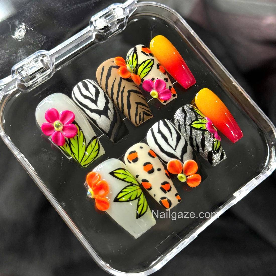 Neon Safari | Handmade Tropical 3D Flower Animal Print Press-On Nails