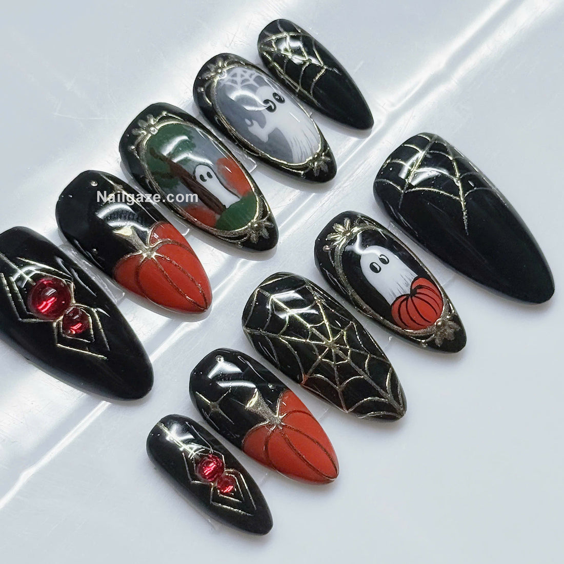 Gilded Ghost | Handmade Vintage Framed Ghost Red Gem Spider Press-On Nails