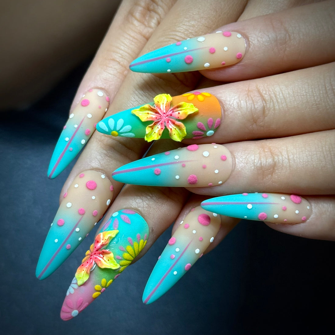Tropical Breeze | Handmade Turquoise Ombre Matte 3D Floral Press-On Nails