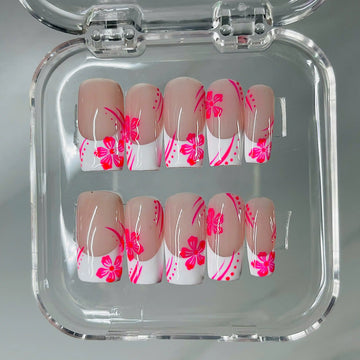 Hibiscus Oasis | Handmade Pink Floral French Tip Press-On Nails