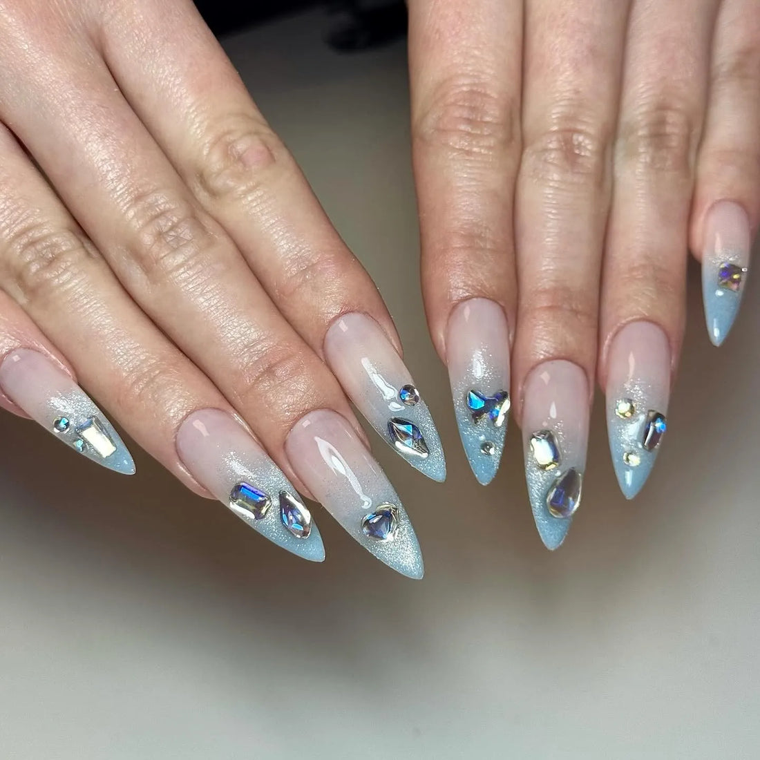Icy Shimmer | Handmade Luxury Icy Blue Cat Eye Rhinestone Press-On Nails