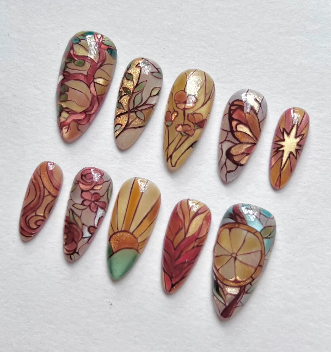 Nouveau Mosaic | Hand-Painted Stained Glass Art Nouveau Botanical Press-On Nails