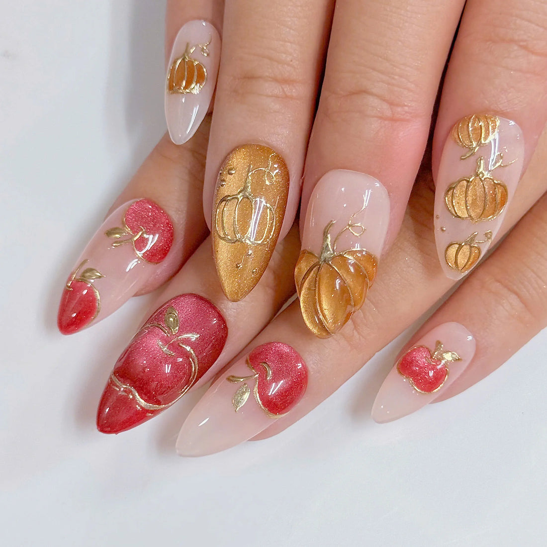 Autumn Glow | Handmade Cat Eye Gold Pumpkin Apple Fall Press-On Nails
