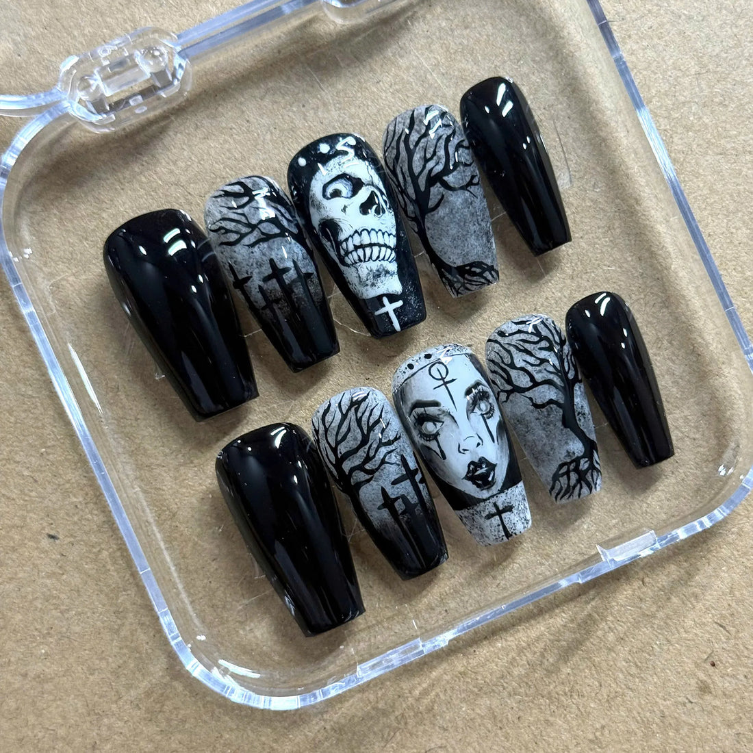 Unholy Ground | Handmade Macabre Skull Nun Graveyard Silhouette Press-On Nails
