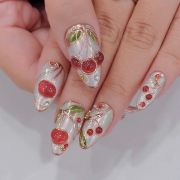 Pearl Cherry | Handmade Coquette 3D Fruit White Chrome Press-On